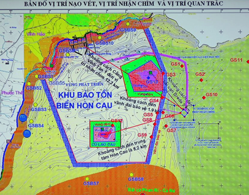Bản đồ vị trí nhận chìm bùn xuống biển Tuy Phong chỉ cách tâm Khu bảo tồn Hòn Cau 8 km và cách vành đai bảo vệ khu bảo tồn này 2 km. Ảnh: Tư Huynh.